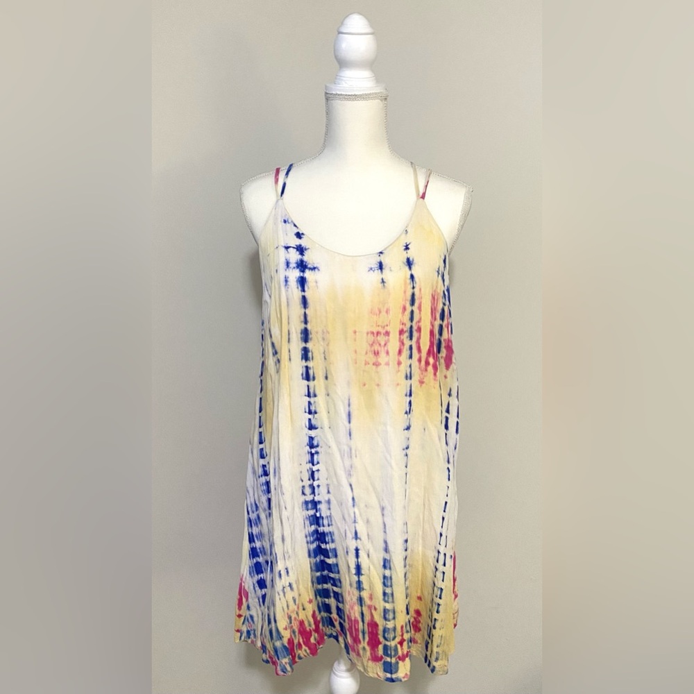 Love Riche Womens L Blue Yellow Pink Tie-Dye Dress Boho Eclectic Festival Witchy